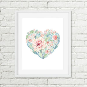Cactus Heart Printable Art, Watercolor Succulent Bathroom Art, Pink Green Decor