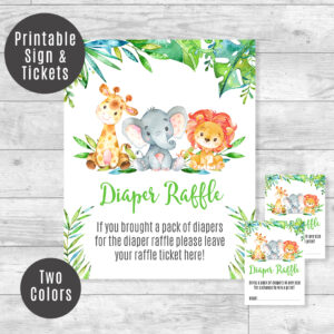 Safari Printable Diaper Raffle Sign, Raffle Ticket Baby Shower Invitation Inserts