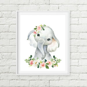 Elephant Blush Pink Floral Printable Nursery Art, Baby Shower Gift Digital
