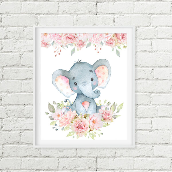 Elephant Nursery Art, Pink Flowers