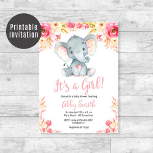 Elephant Baby Shower Invitation, Girls Blush Pink Floral Safari Printable Invite