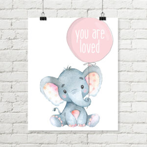 Elephant Printable Art, You Are Loved Pink Balloon, Safari Nursery