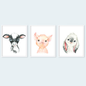 Farm Animal Printable Nursery Art Set of 3, Cow Pig Bunny Download