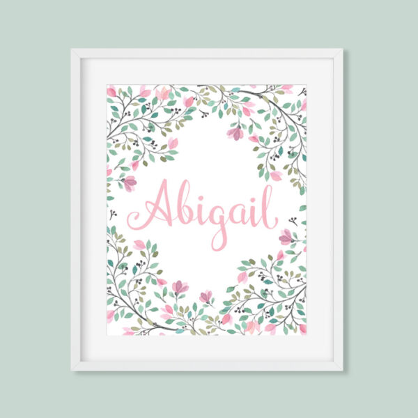 Delicate Blush Pink Green Floral Name Printable Art