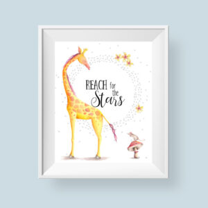 Giraffe Printable Art Reach For The Stars, Safari Nursery Inspirational Quote