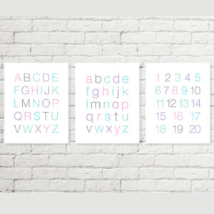 Girls Alphabet and Numbers Printable Art, Pink Purple Blue Mint Grey