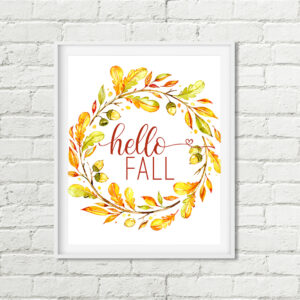 Hello Fall Printable Art, Autumn Decor Wreath Gold Green Red Housewarming Gift