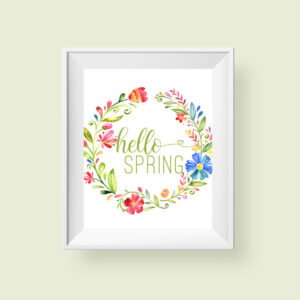 Hello Spring Printable Art, Bright Floral Wreath Decor Pink Blue Green