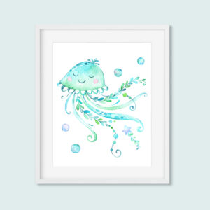 Jellyfish Printable Art, Seashore Mermaid Bathroom Aqua Ocean Watercolor