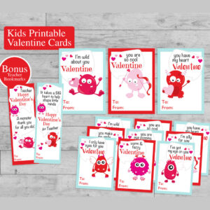 Kids Printable Monster Valentine Cards Classroom Set, Bonus Teacher Bookmarks