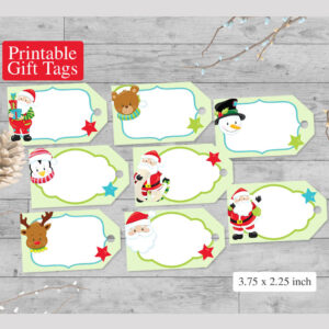Printable Christmas Gift Tags For Kids, Set of 8 Santa Snowman Reindeer
