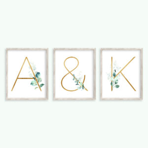 Eucalyptus Gold Glitter Letter Printable Art, Monogram Gift for Couple Set of 3