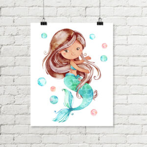 Brown Hair Mermaid Printable Wall Art, Aqua Pink Watercolor Bathroom Art