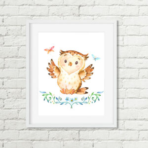 Owl Printable Wall Art, Watercolor Butterfly Woodland Animal Nursery