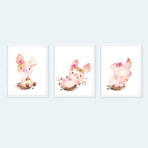 Piggy Printable Nursery Art, Set of 3 Piglet Farm Animals, Pink Pigs