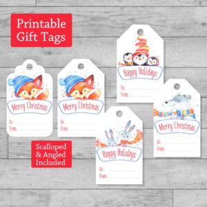 Set of 8 Printable Holiday Gift Tags, Fox Penguin Bunny Bear Kids Christmas Tags