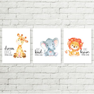 Safari Printable Nursery Art, Giraffe Dream Big, Elephant Be Kind, Lion Be Brave