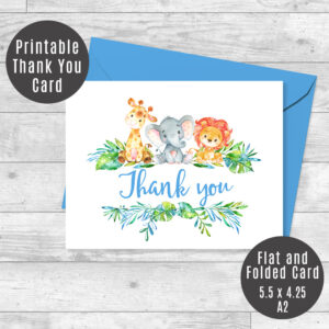 Safari Thank You Card, Printable Jungle Animals Blue Text, Flat or Folded