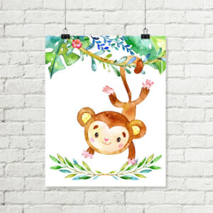 Swinging Monkey Printable Nursery Art, Jungle Safari Leaves Flower