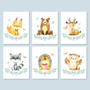 Woodland Animal Printable Nursery Art, Fox Bear Deer Racoon Hedgehog Owl Art